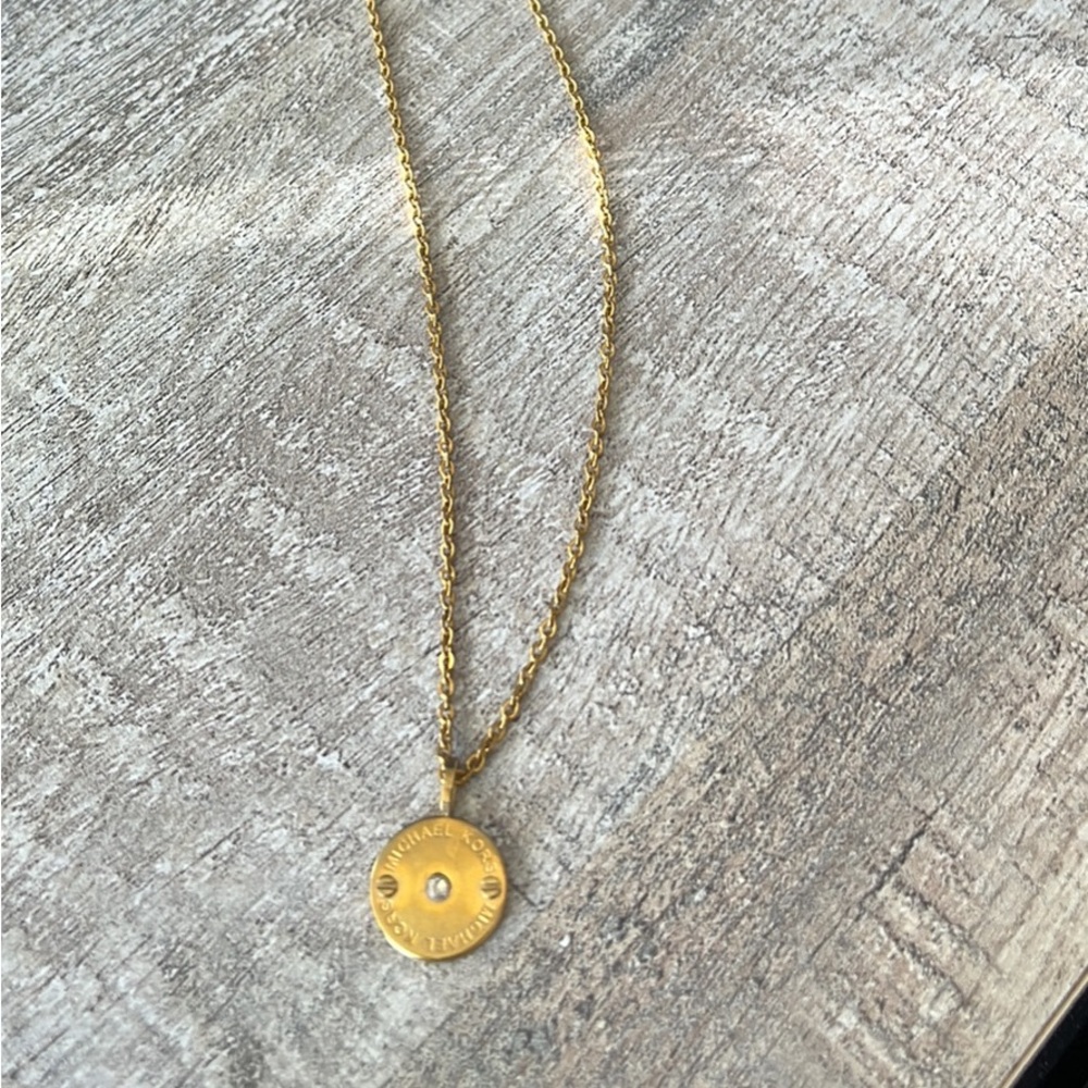 Michael Kors logo flat disc round pendant necklace